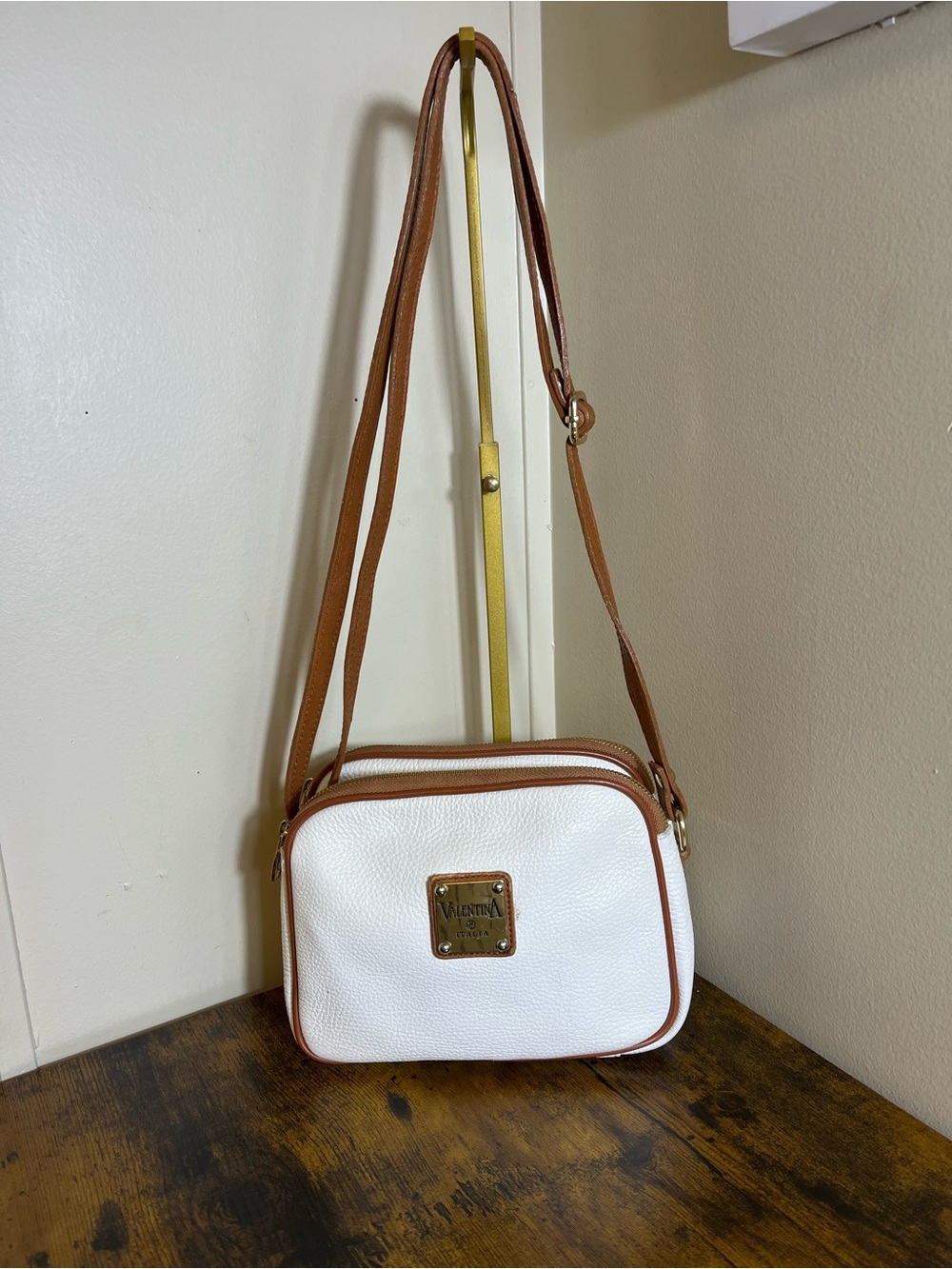 Valentina White Crossbody Bag with Tan Trim